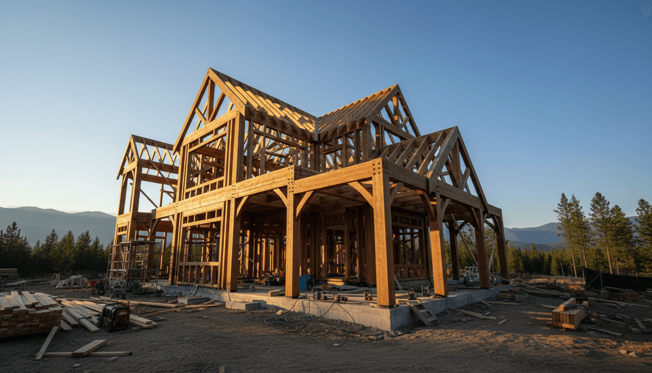Custom timber-frame home under construction in Sandpoint, Idaho, showcasing structural framework and quality craftsmanship