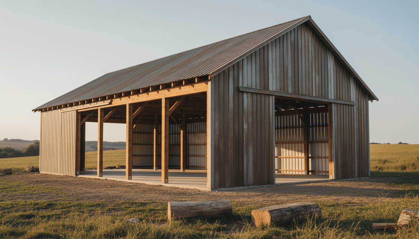 Completed pole barn structure showing post-frame design and open interior