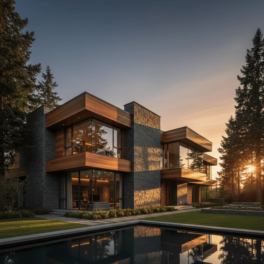 Modern custom home with stone and timber exterior