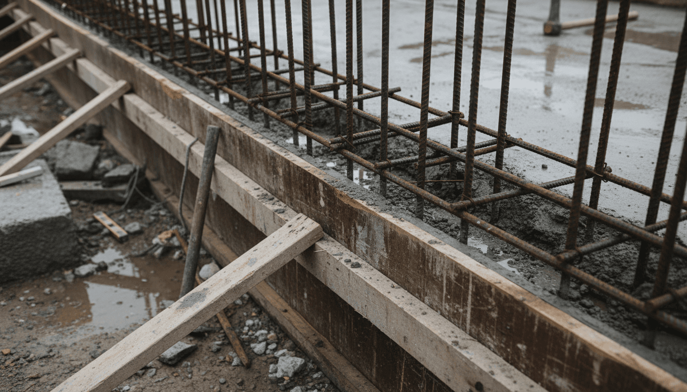 Concrete foundation detail showing rebar and precision structural work