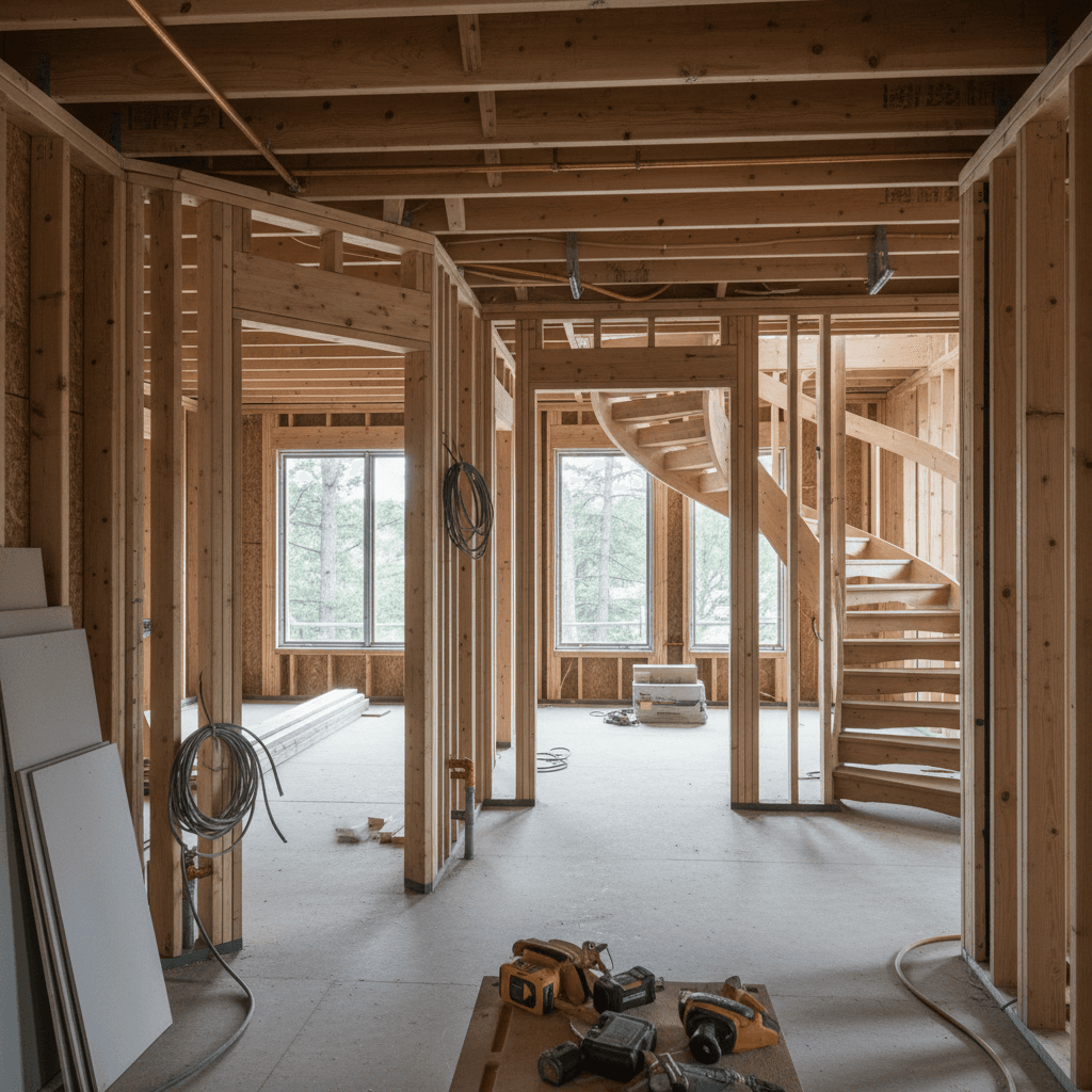 Interior structural framing and construction detail demonstrating precision carpentry