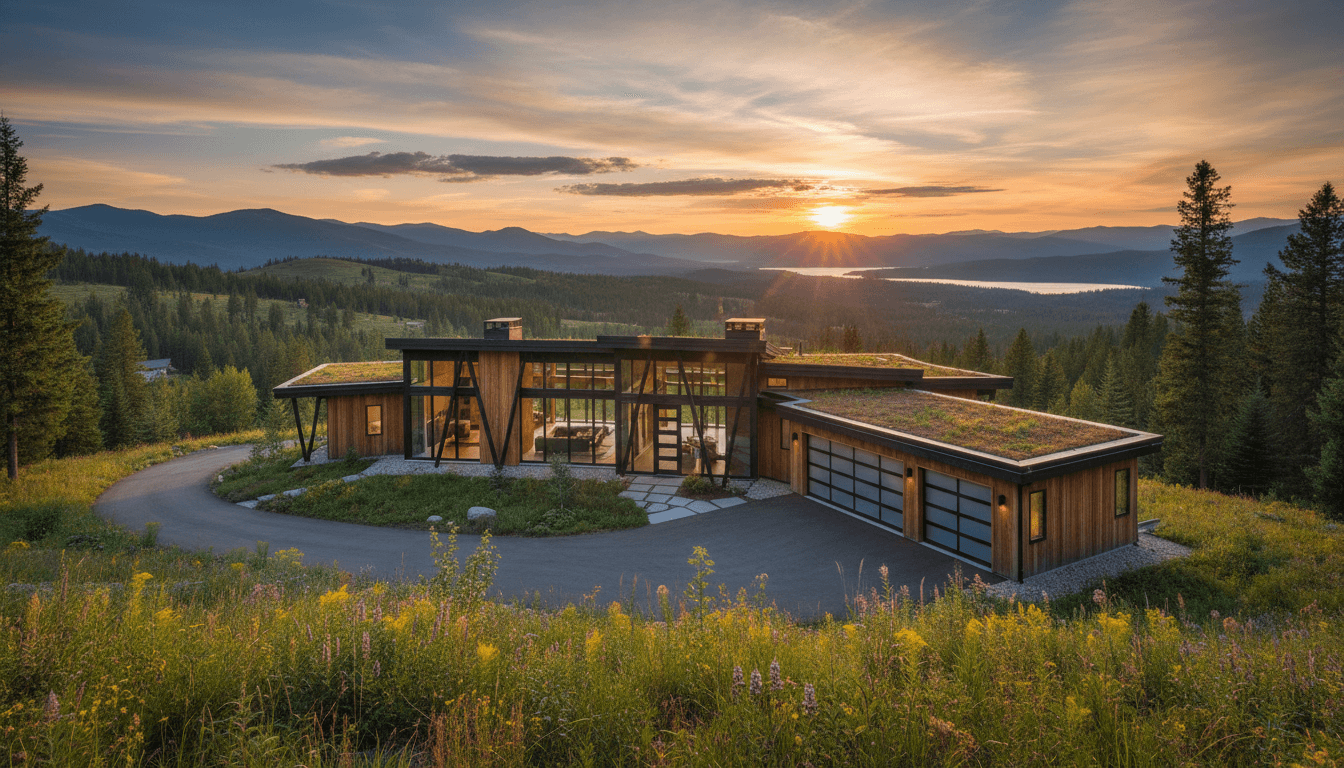 Modern custom home with steel structure amidst North Idaho landscape at sunset.