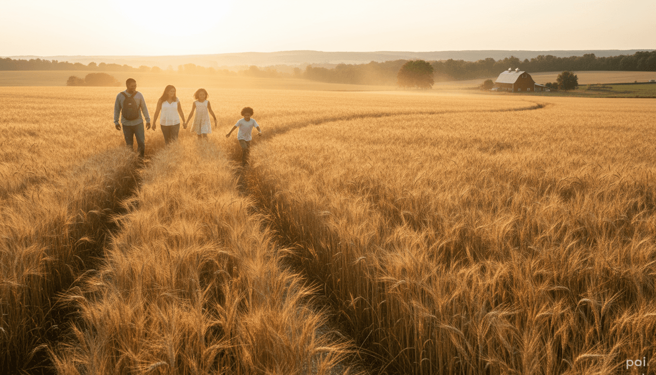 Family walking through golden wheat field at sunset on a farm tour, with rolling hills and barn in distance