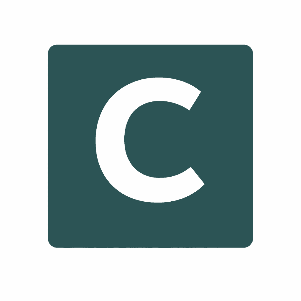 White capital letter C centered inside a dark teal square with rounded corners.