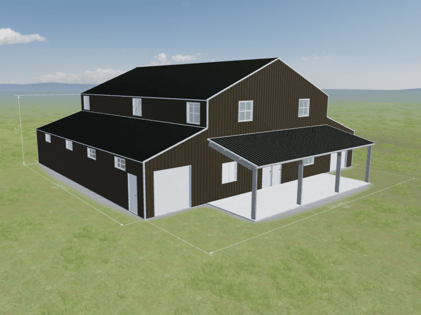 Brown barndominium with black metal roof, white trim, garage door, and a large covered porch.