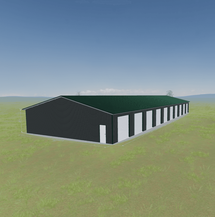 Long dark grey metal storage building with green roof and multiple white roll-up doors.
