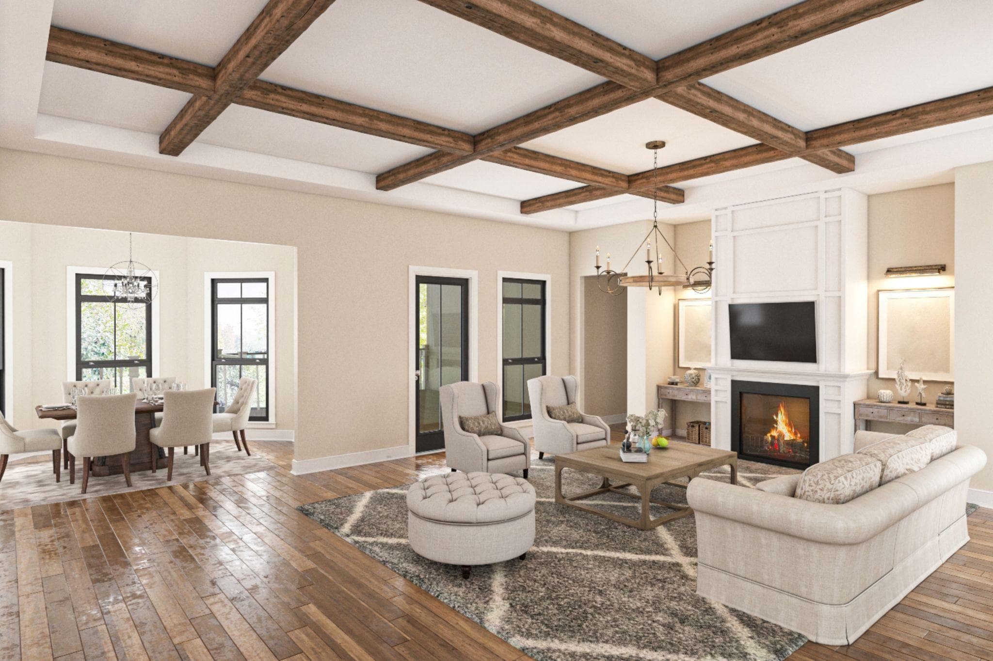 Spacious living room with exposed wooden beams, a fireplace, and an adjacent dining area.